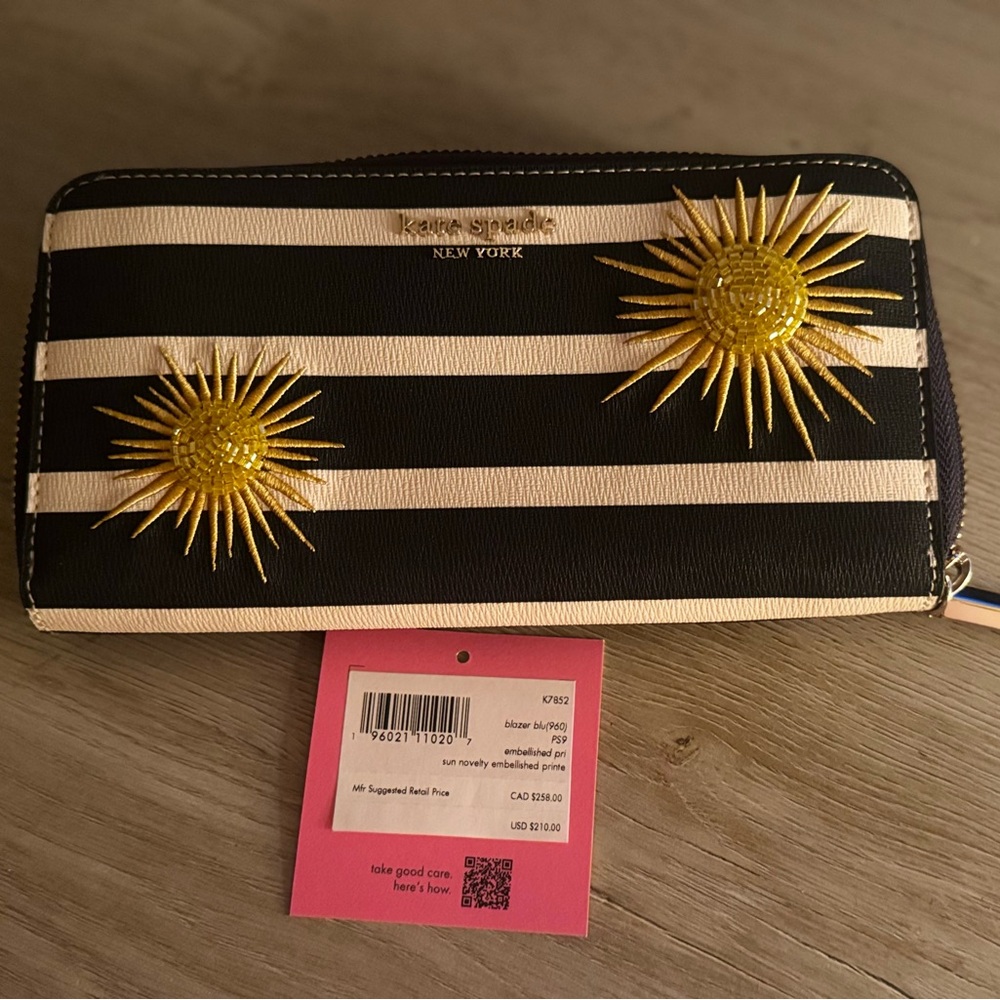 Kate Spade New York Navy Blue and White Wallet with Gold Sunburst